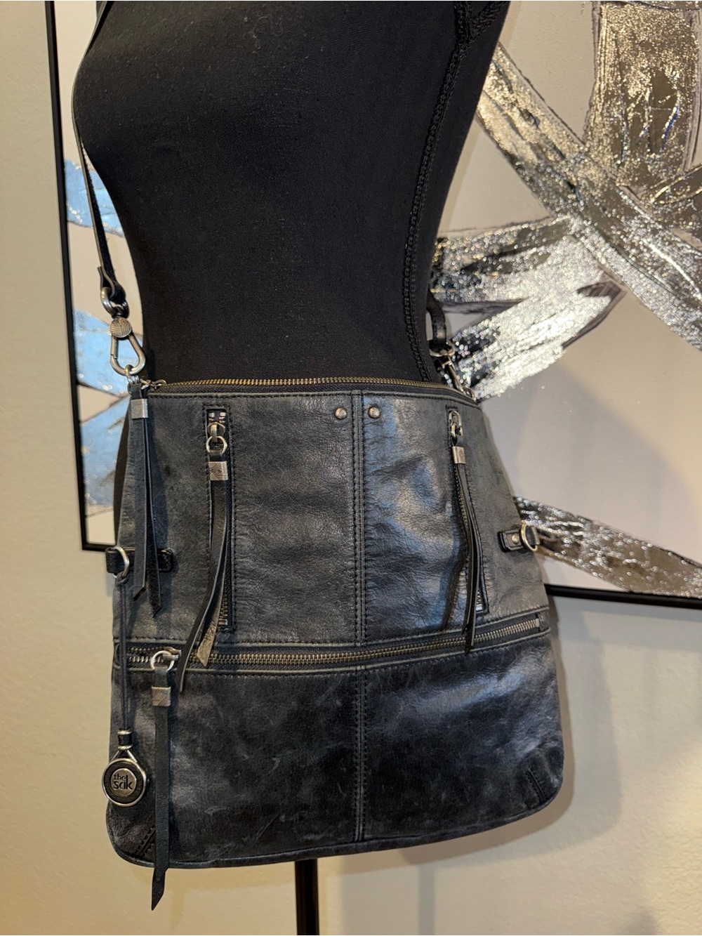 The Sak Black Distressed Leather Crossbody Tote with Zip Accents